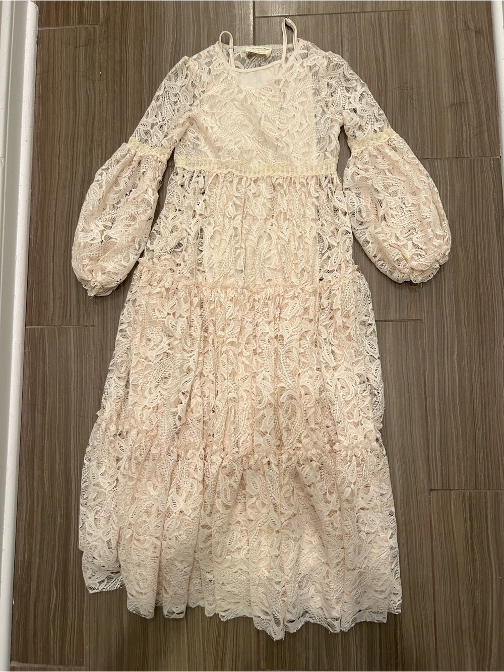 Mia Joy Ivory Lace Tiered Maxi Dress with Balloon Sleeves